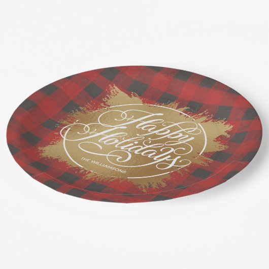 Gold Imitate Foil Happy Holidays Buffalo Kariert Pappteller (Schrägansicht)