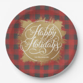 Gold Imitate Foil Happy Holidays Buffalo Kariert Pappteller (Vorderseite)
