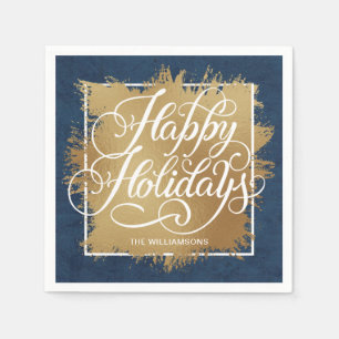 Gold Imitate Foil Happy Holidays Denim Blue Serviette