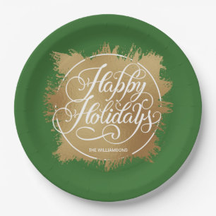 Gold Imitate Foil Happy Holidays Green Pappteller