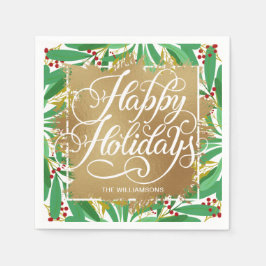 Gold Imitate Foil Happy Holidays Grüne Berries Serviette