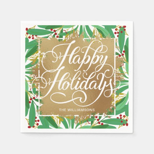 Gold Imitate Foil Happy Holidays Grüne Berries Serviette (Vorderseite)