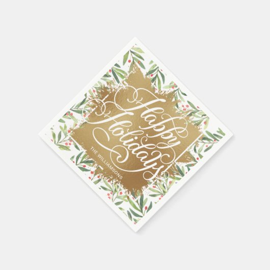 Gold Imitate Foil Happy Holidays Grüne Berries Serviette (Ecke)