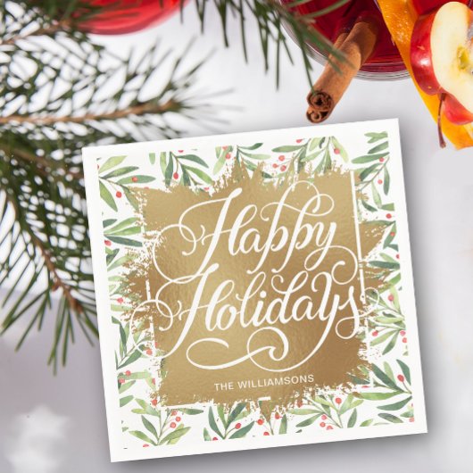 Gold Imitate Foil Happy Holidays Grüne Berries Serviette