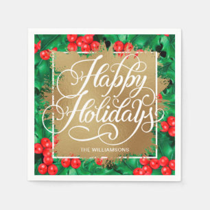 Gold Imitate Foil Happy Holidays Holly Berries Serviette