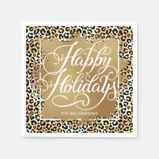 Gold Imitate Foil Happy Holidays Leopard Print Serviette (Vorderseite)