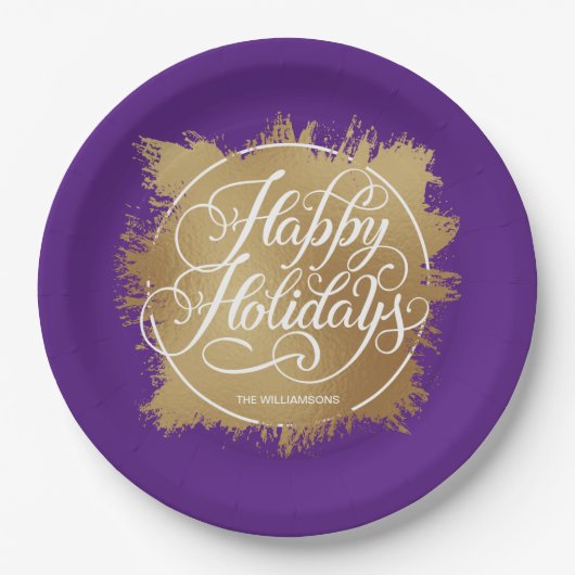 Gold Imitate Foil Happy Holidays Lila Pappteller (Vorderseite)