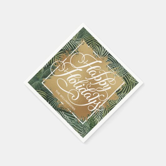 Gold Imitate Foil Happy Holidays Palm Fronds Serviette (Ecke)
