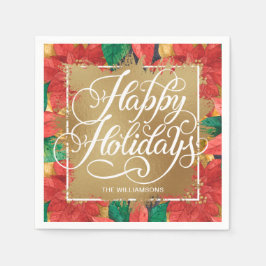 Gold Imitate Foil Happy Holidays Poinsettia Serviette