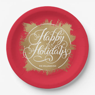 Gold Imitate Foil Happy Holidays Red Pappteller