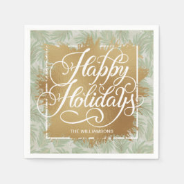 Gold Imitate Foil Happy Holidays Sage Palms Serviette