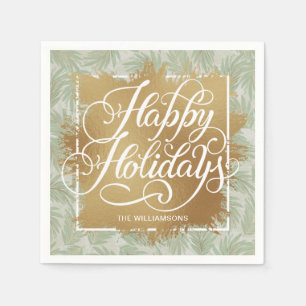 Gold Imitate Foil Happy Holidays Sage Palms Serviette