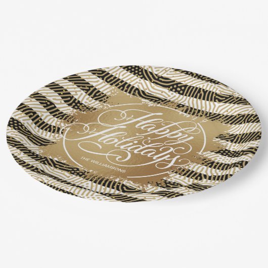 Gold Imitate Foil Happy Holidays Schwarz-weiße Str Pappteller (Schrägansicht)