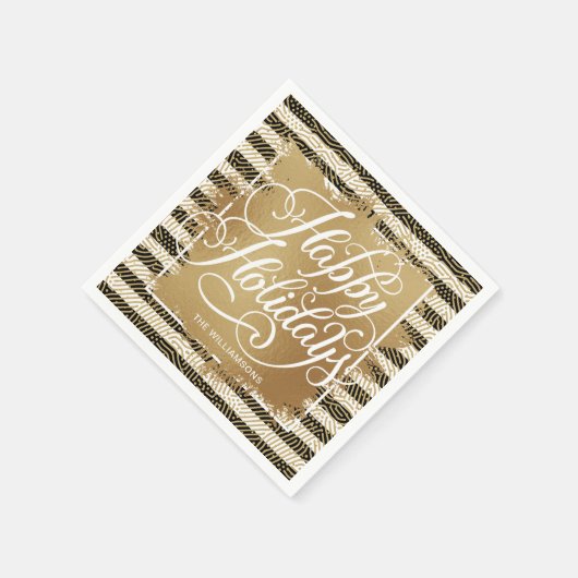 Gold Imitate Foil Happy Holidays Schwarz-weiße Str Serviette (Ecke)