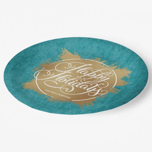 Gold Imitate Foil Happy Holidays Türkis Pappteller (Schrägansicht)