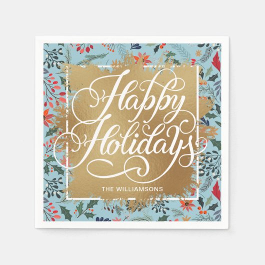 Gold Imitate Foil Happy Holidays Winter Blume Blau Serviette (Vorderseite)