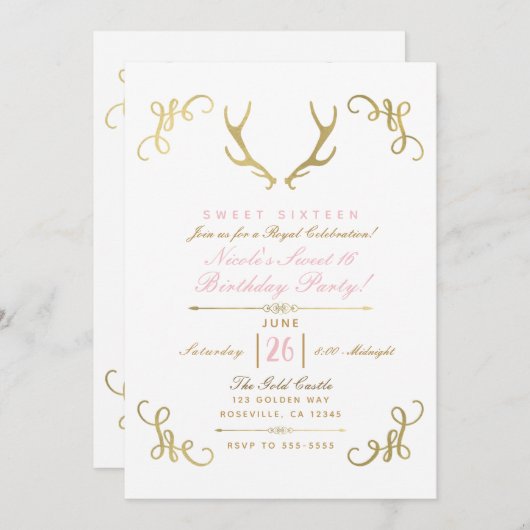 Gold Imitate Foil Rustic Deer Antlers Sweet 16 Par Einladung (Vorne/Hinten)