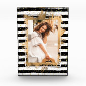 Gold Imitate Fossil auf Schwarz-weißen Streifen Fotoblock (Vorderseite)