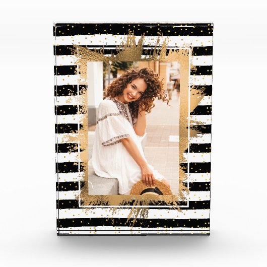 Gold Imitate Fossil auf Schwarz-weißen Streifen Fotoblock (Vorderseite)