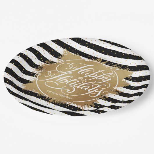 Gold Imitate Fossilien Schwarz-weiße Streifen Pappteller (Schrägansicht)