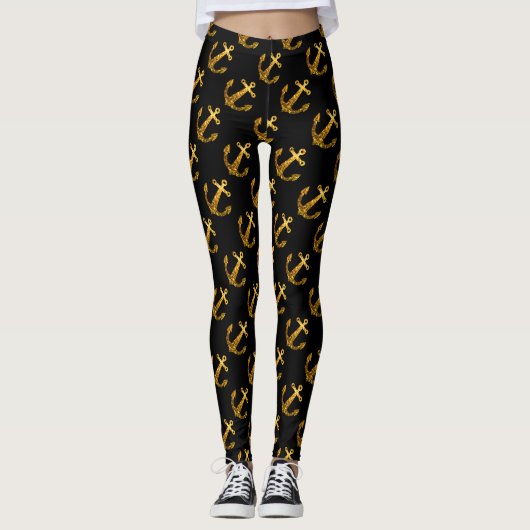 Gold Imitate funkeln Anchor Sommermuster schwarz Leggings (Vorderseite)