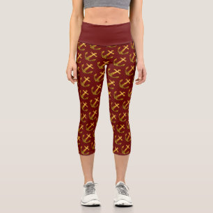Gold Imitate funkeln Glitzer Ankermuster dunkelrot Capri Leggings