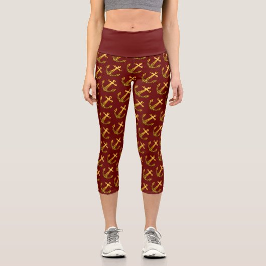 Gold Imitate funkeln Glitzer Ankermuster dunkelrot Capri Leggings (Vorderseite)
