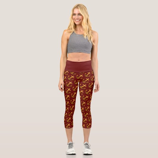 Gold Imitate funkeln Glitzer Ankermuster dunkelrot Capri Leggings (Vorderseite)