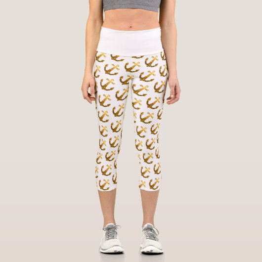 Gold Imitate funkeln Glitzer Ankermuster weiß Capri Leggings (Vorderseite)