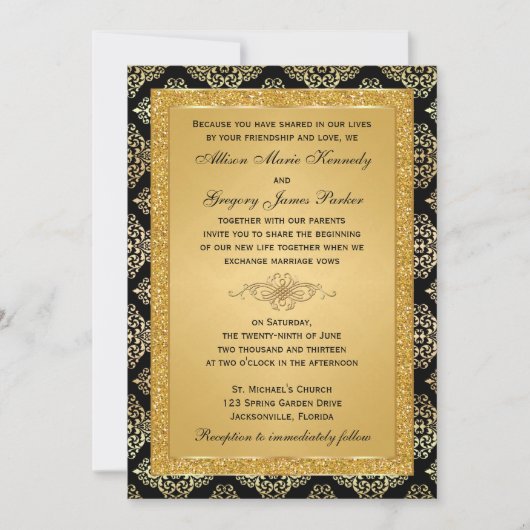 Gold IMITATE Glitzer, Damask Hochzeitseinladung Einladung (Vorderseite)