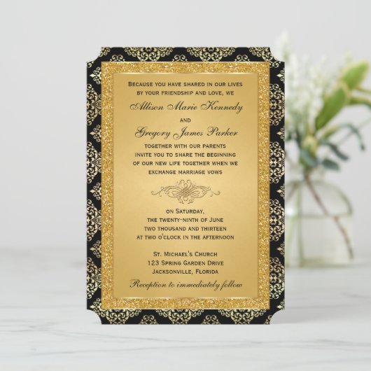 Gold IMITATE Glitzer, Damask Hochzeitseinladung Einladung (Stehend Vorderseite)