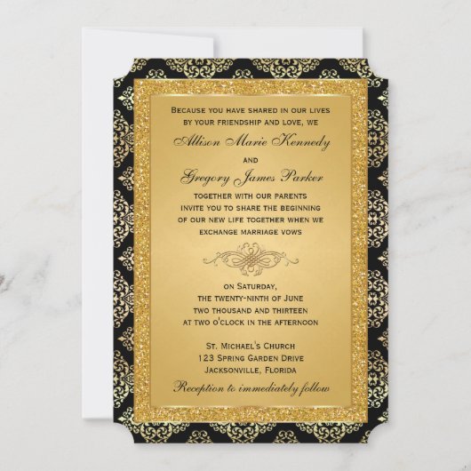 Gold IMITATE Glitzer, Damask Hochzeitseinladung Einladung (Vorderseite)