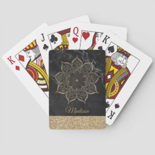 Gold Imitate Glitzer Mandala auf schwarzem Marmor Spielkarten