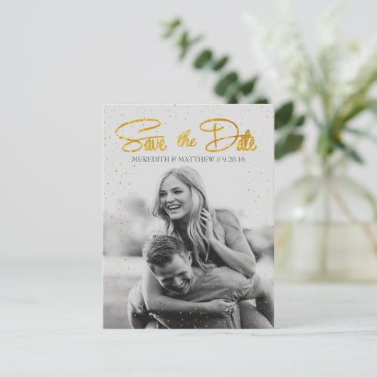 Gold Imitats Foil Confetti Save the Date Postkarte (Stehend Vorderseite)