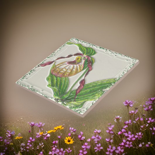 Gold in Red Lady Slipper Orchid Botanical Side Vie Fliese