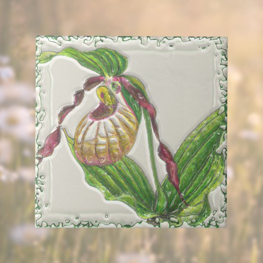Gold in Red Lady Slipper Orchid Botanical Side Vie Fliese