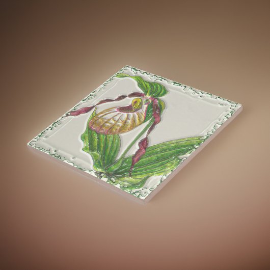 Gold in Red Lady Slipper Orchid Botanical Side Vie Fliese