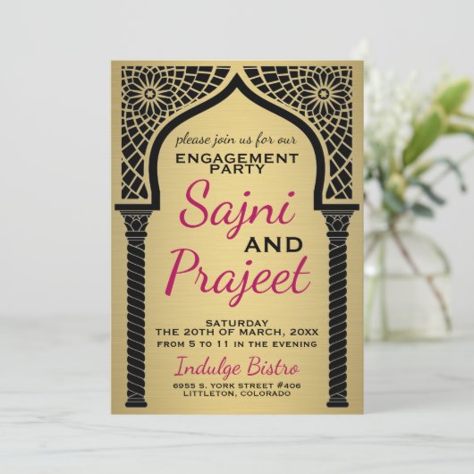 Gold Indian Engagement Party Einladung (Stehend Vorderseite)
