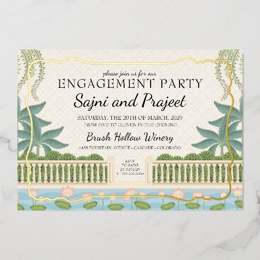 Gold Indian Engagement Party Folieneinladung (Vorderseite)