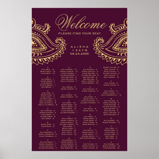 Gold Indian Paisley Alphabetical Seating Chart Poster (Vorne)