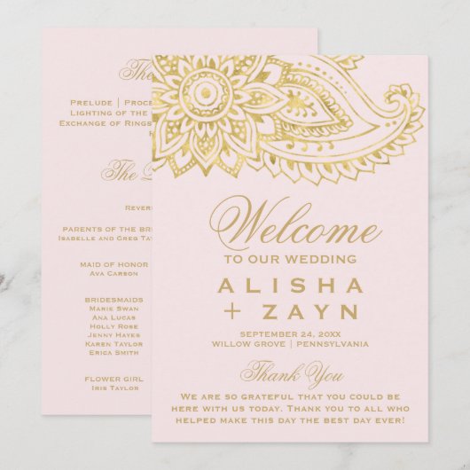 Gold Indian Paisley | Hochzeitsprogramm in Rosa Programm (Vorne/Hinten)
