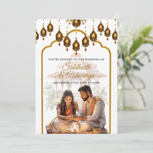 Gold Indian Wedding Zeremonie Roka Hindu Bollywood Einladung (Stehend Vorderseite)