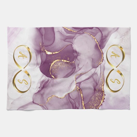 Gold Infinity Initial Monogram auf lila und gold Geschirrtuch (Horizontal)