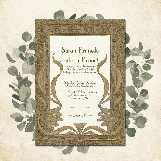 Gold Ivory Art Nouveau Elegante Hochzeit Einladung