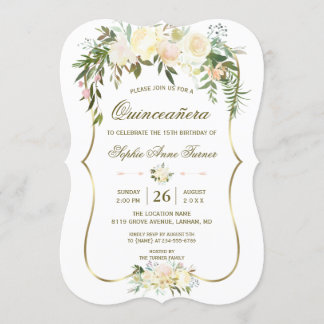 Gold Ivory Blush Floral Quinceañera Geburtstag Einladung