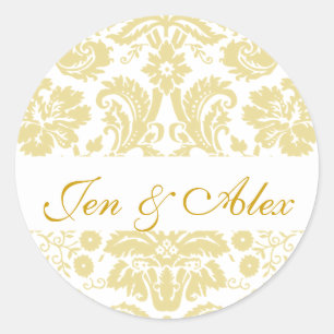 Gold Ivory Bride Groom Damask Hochzeitsticker für Runder Aufkleber