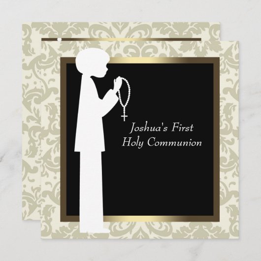 Gold Ivory Damask Rosary Boys Erste Kommune Einladung (Vorne/Hinten)