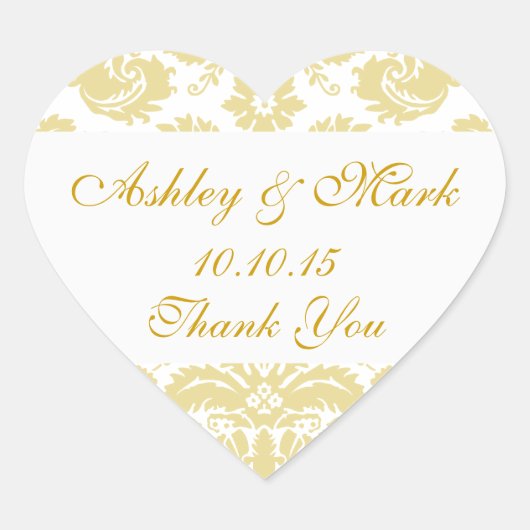 Gold Ivory Damask Wedding Favor Heart Sticker (Vorderseite)