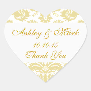 Gold Ivory Damask Wedding Favor Heart Sticker