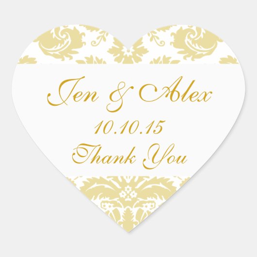 Gold Ivory Damask Wedding Favor Heart Sticker (Vorderseite)